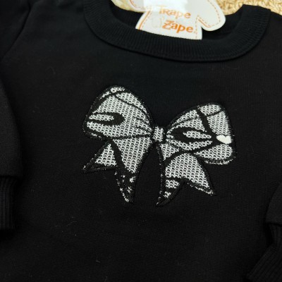 Conj. Casaco de Moletom Laço e Calça Legging Corações - Preto